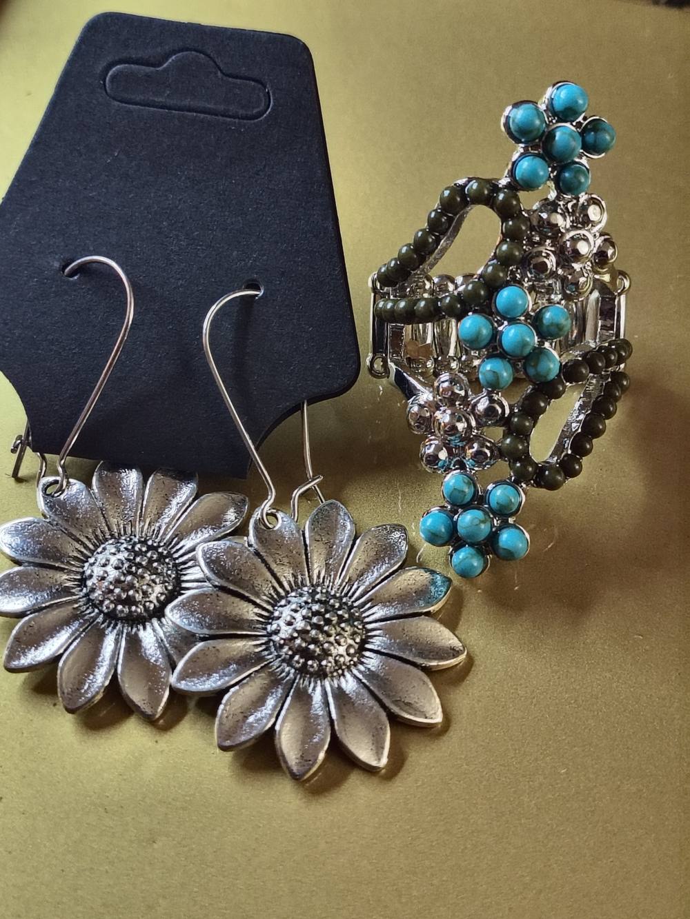 Silver Floral Drop Earrings with Turquoise-Bead Accent